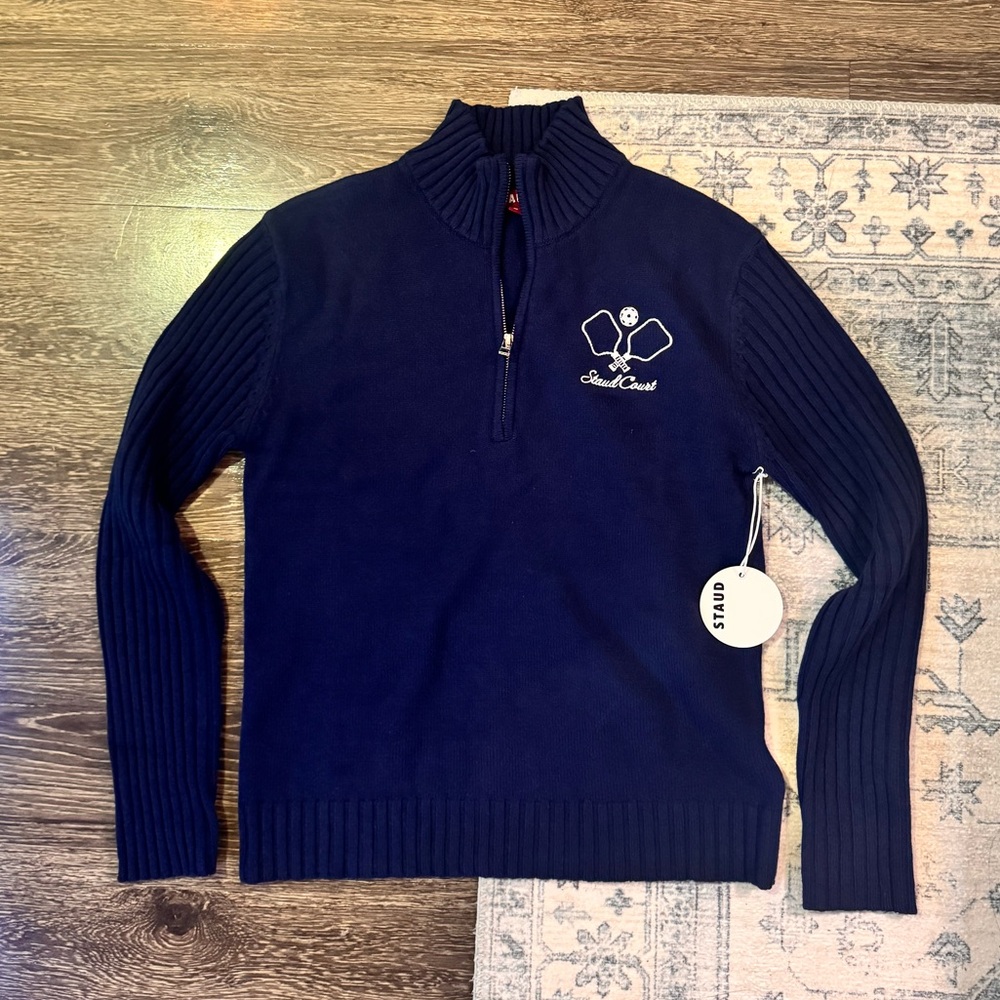 STAUD Court Serve Rib Knit Embroidered Sweater NAVY BLUE